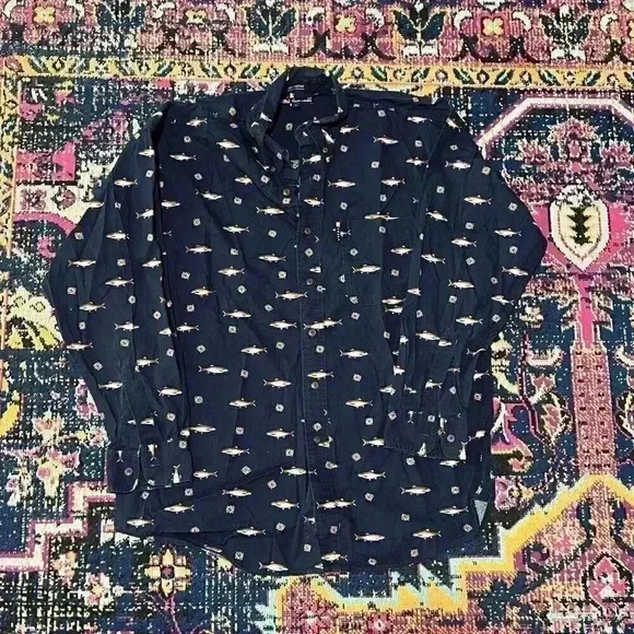 Chaps Ralph Lauren Button Down Shirt Navy Blue Fish Print Mens Large - Picture 1 of 1